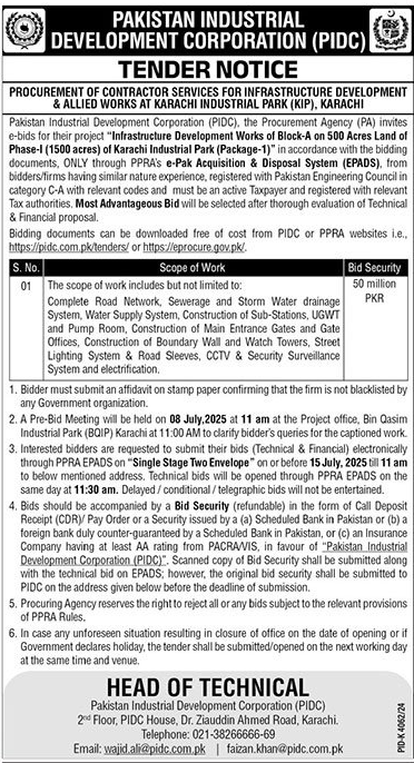 Pakistan Industrial Development Corporation Karachi Tender Notice